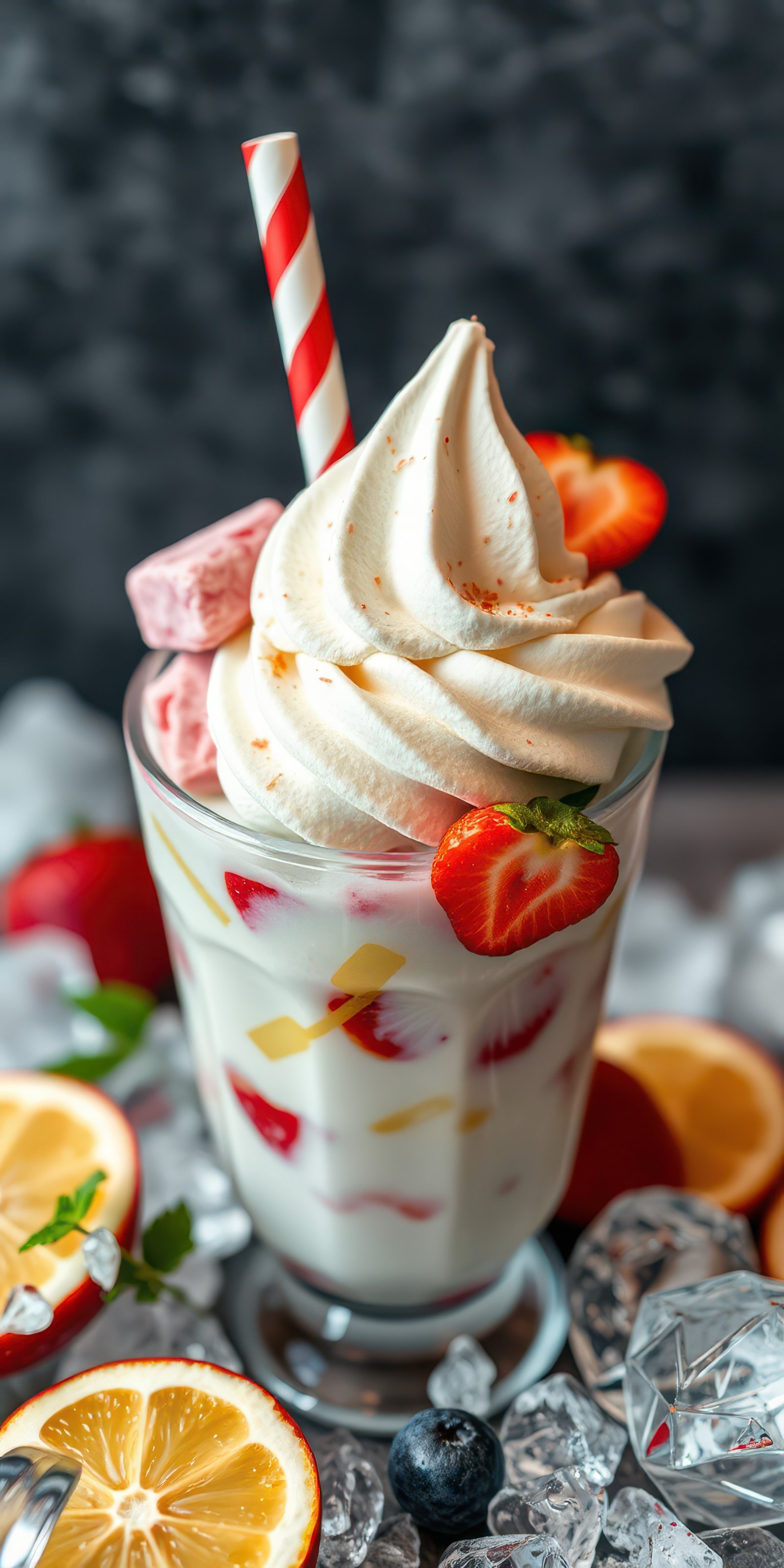 Delightful dessert featuring whipped cream, strawberries, and colorful marshmallows with refreshing citrus fruits